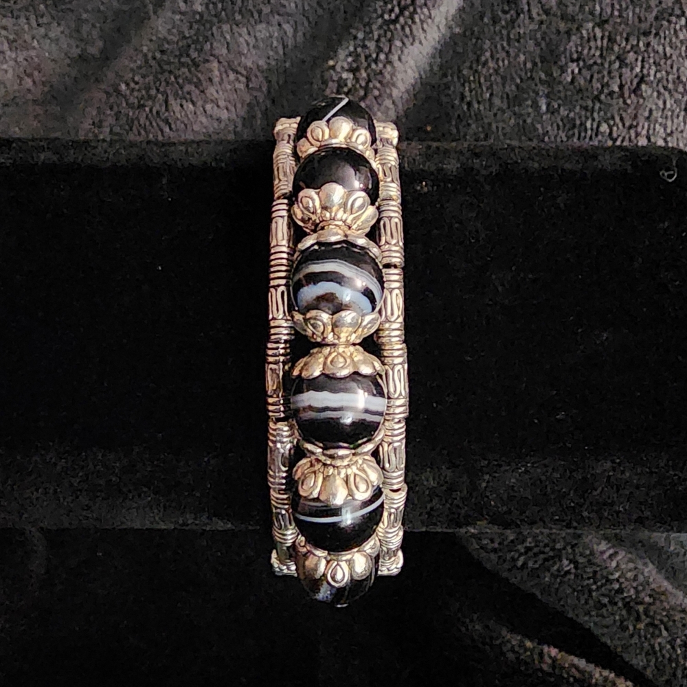 Bracelet Silver Black Marble Swirl Agate Gemstones Silver Beads Boho